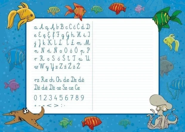 EDU dry-erase board for writing practice 023 - Features fish, letters, and numbers on a blue background.