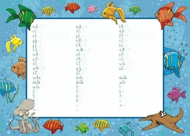 EDU dry-erase board for writing practice 024 - Graphic design with fish, octopus, letters, and numbers on a blue background.