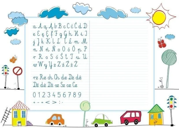 Whiteboard EDU for writing practice 027 - Features letters, numbers, and cloud drawings.