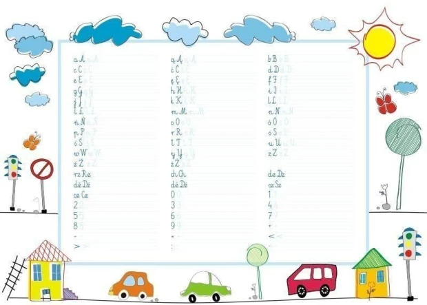 Dry-erase board EDU for writing practice 028 - Graphic design with letters, clouds, and sun on a white background.