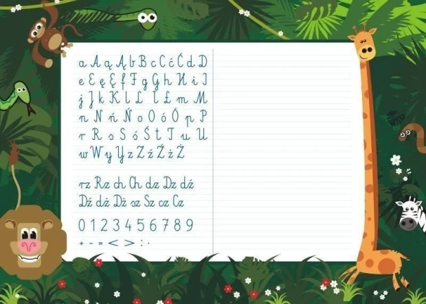 EDU dry-erase board for writing practice 031 - Graphic design featuring letters, numbers, and animals in a jungle background.