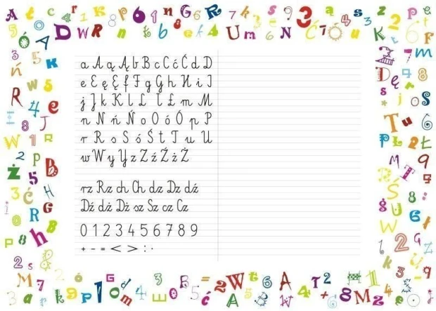 EDU dry-erase board for learning to write 035 - Graphic design with letters, numbers, and symbols on a white background.