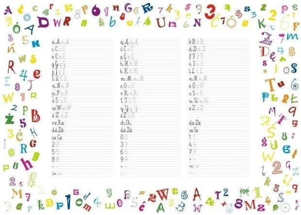 EDU dry-erase board for writing practice 036 - Features colorful letters and numbers on a white background.