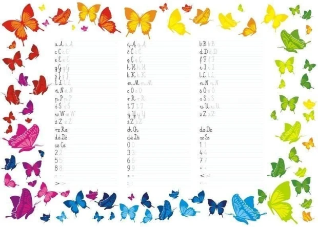 EDU dry-erase board for writing practice 040 - Graphic design with colorful butterflies in various shapes surrounding the text.
