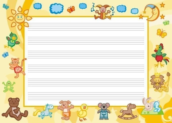 EDU five-line whiteboard 009 - Graphic design with colorful animals and clouds surrounding blank lines.