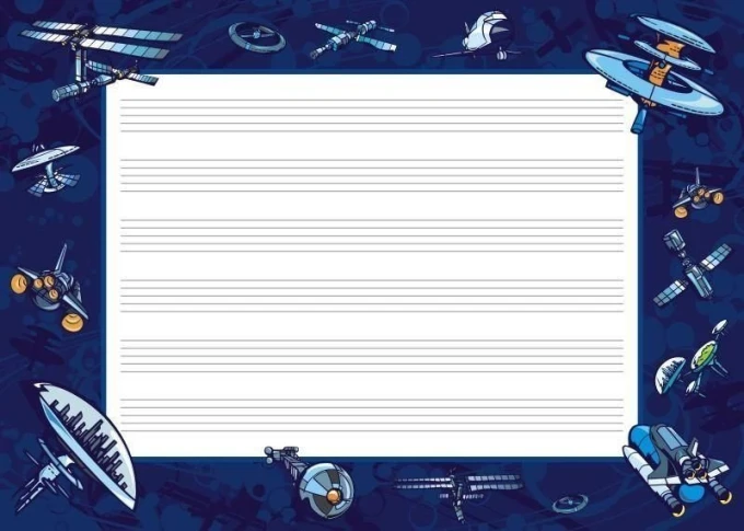 EDU five-line whiteboard 013 - Graphic design with satellite and ship illustrations on a navy blue background.