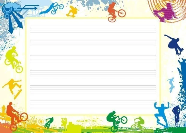 EDU five-line whiteboard 017 - Graphic design with colorful silhouettes of athletes in motion against a lined background.