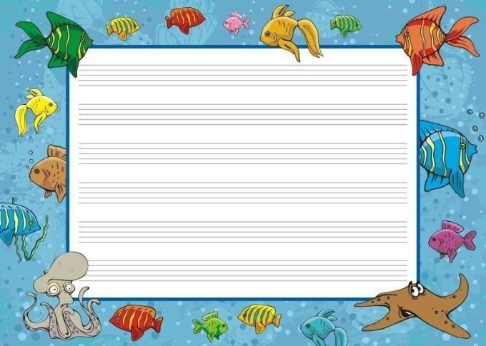 EDU five-line whiteboard 021 - Graphic design with colorful fish and an octopus on a blue background.