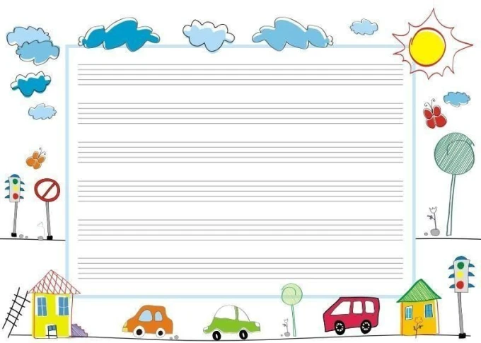 EDU five-line whiteboard 025 - Features colorful clouds, sun, and butterflies on a white background.