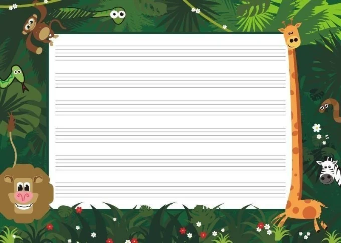 EDU five-line whiteboard 029 - Graphic design featuring writing lines and illustrations against a jungle background.