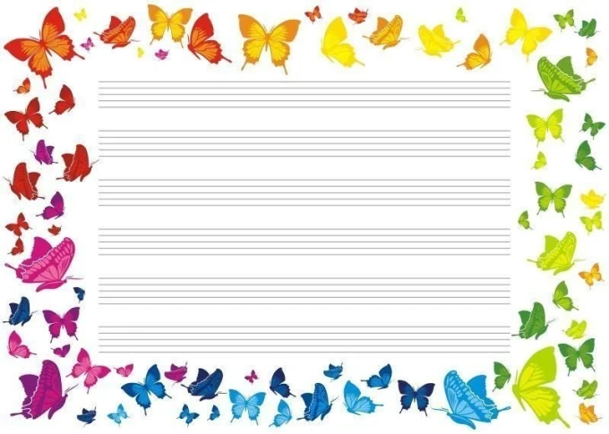 EDU five-line whiteboard 037 - Graphic design with colorful butterflies surrounding the staff on a white background.