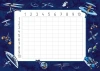 EDU dry-erase board multiplication chart 014 - Graphic design with ship illustrations on a navy background.