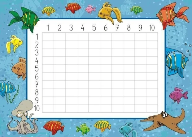 EDU multiplication dry-erase board 022 - Graphic design with colorful fish on a blue background.