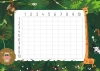 EDU multiplication dry-erase board 030 - Graphic design with a number grid on a white background and colorful animals.