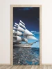 Sailboat door mural 164 - Graphic design featuring a sailboat on water with white sails and a blue sky.