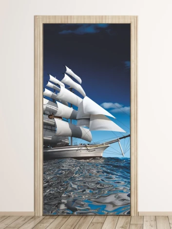 Sailboat door mural 164 - Graphic design featuring a sailboat on water with white sails and a blue sky.