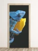 Chameleon door mural 145 - Graphic design featuring a chameleon holding a yellow flower on a dark background.