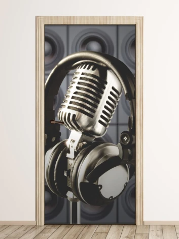 Microphone door wallpaper 142 - Modern interior design with gray walls and wooden floor.