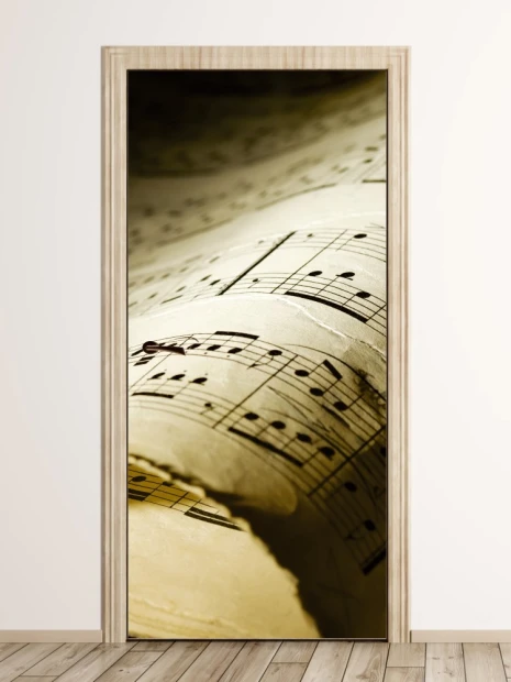 Door wallpaper notes 139 - Graphic design featuring a close-up of musical notes on aged paper.