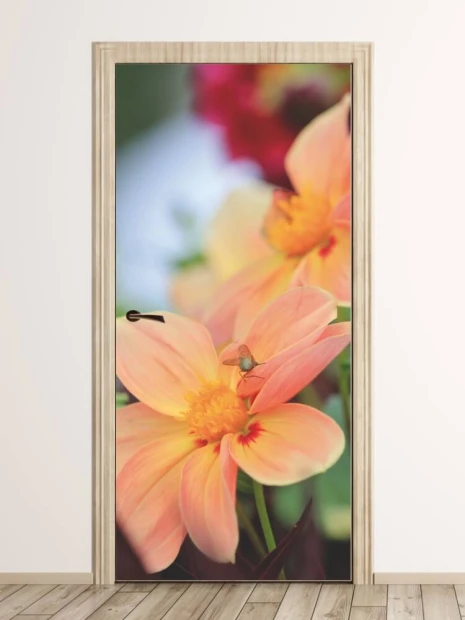 Floral door wallpaper 99 - Graphic design featuring pink and orange flowers with green leaves.