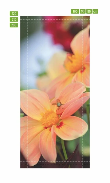 Floral door wallpaper 99 - Graphic design with orange and yellow flowers and green leaves.
