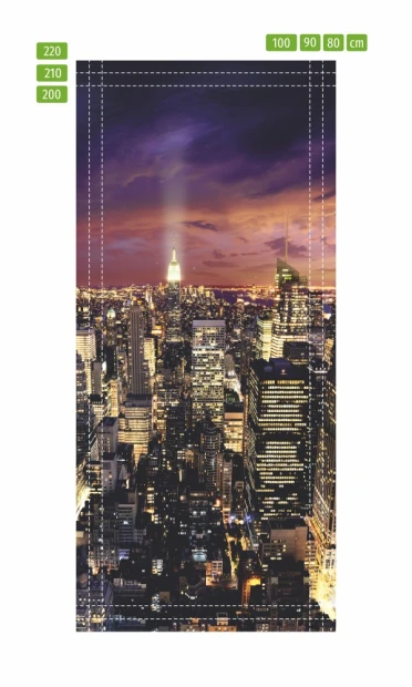 Manhattan New York door mural 106 - Graphic design featuring a nighttime skyline with illuminated skyscrapers.