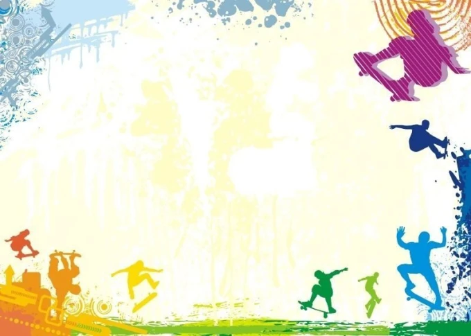 Magnetic whiteboard skate 011 - Graphic design with colorful silhouettes of skateboarders in motion on a light background.
