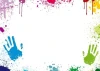 Magnetic whiteboard with colorful handprints and splashes on a white background.