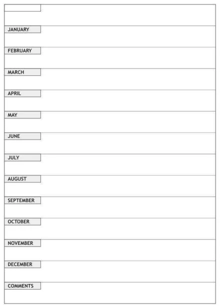 Yearly planner whiteboard en 008 - Graphic design. Simple grid with month names and space for comments.