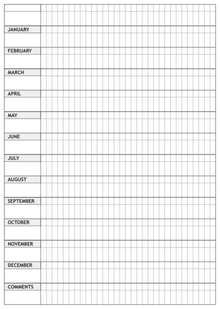 Annual planner whiteboard en 012 - Graphic design with month names and blank spaces for notes.