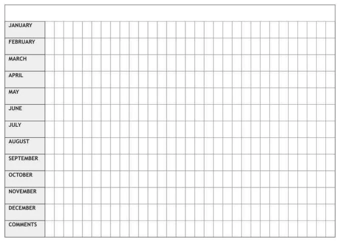 Yearly planner whiteboard in English 014 - Simple grid with month names and blank fields.