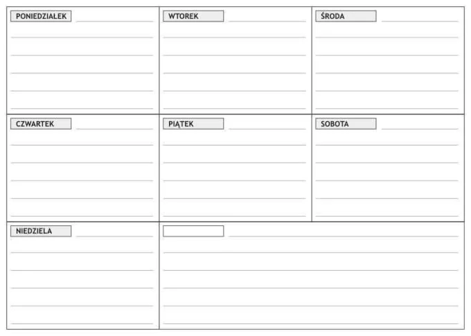 Weekly planner dry-erase board 015 - Graphic design. Simple grid with seven fields for the days of the week.