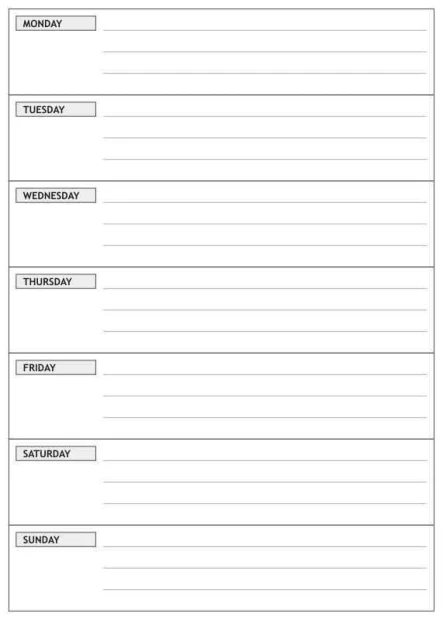 Weekly planner dry-erase board in English 018 - Simple design with seven horizontal sections for each day.