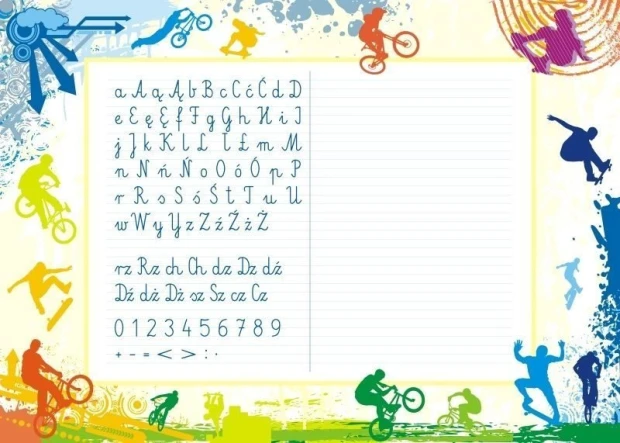 Magnetic dry-erase writing board 019 - Graphic design with letters, numbers, and athlete silhouettes.