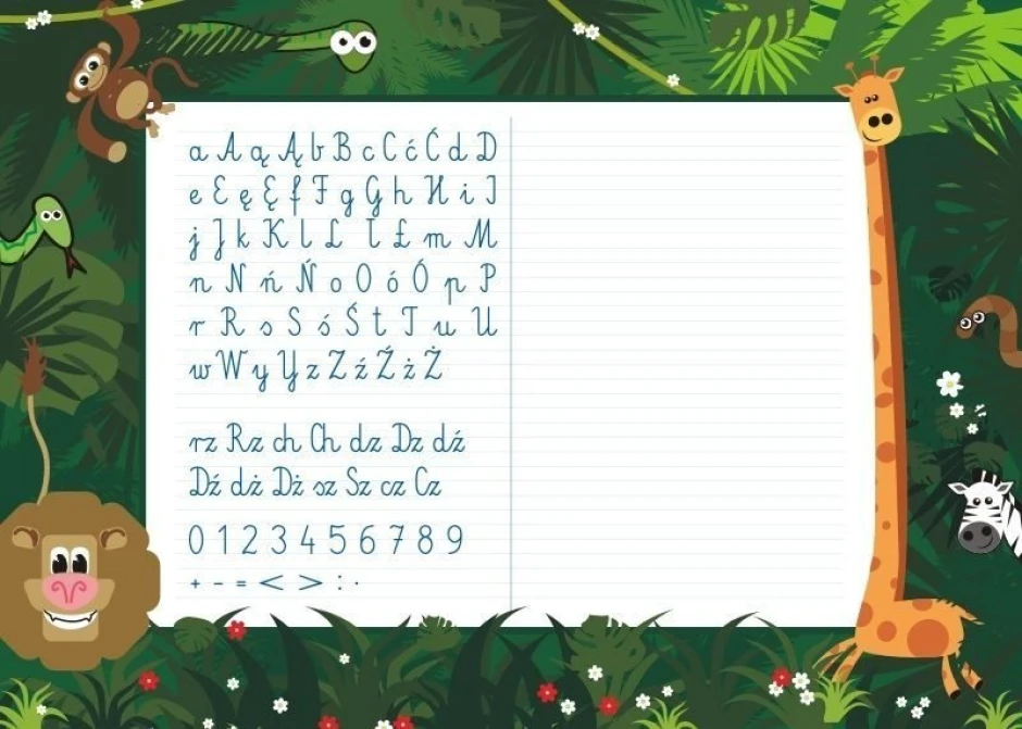 Magnetic dry-erase writing board 031 - Graphic design with letters and numbers in various shapes against a jungle backdrop.