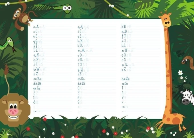 Magnetic dry-erase writing board 032 - Graphic design with letters surrounded by jungle animals.