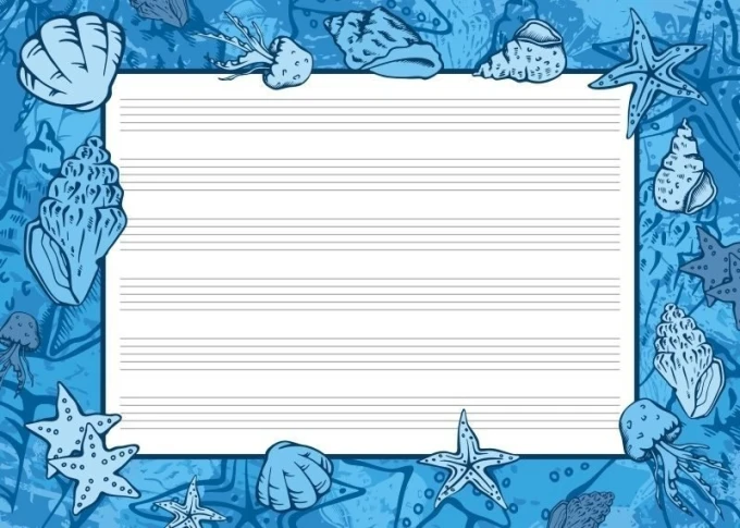Magnetic whiteboard with five lines 005 - Graphic design. Blue background with shells and stars.