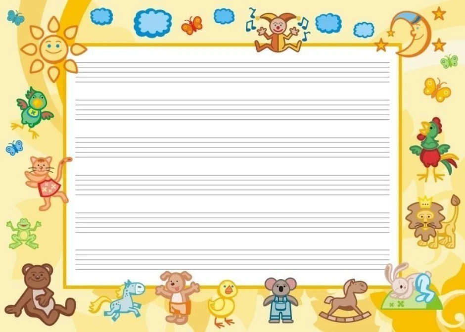 Magnetic dry-erase five-line board 009 - Features colorful animal drawings on a yellow background.