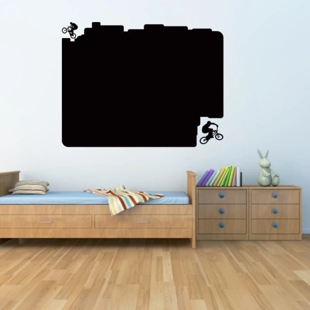 Chalk sticker 007 bicycles - Decor in a child\'s room. Light-colored walls, wooden furniture.