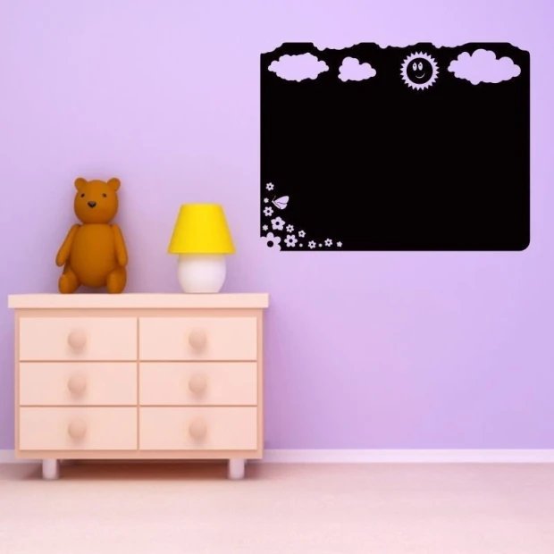 Chalk sticker 012 sun and clouds - Decor for a child\'s room. Purple walls and light-colored furniture.