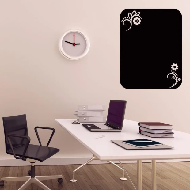 Chalk sticker 034 flowers - Office setup with light walls, a desk with a computer, and a wall clock.