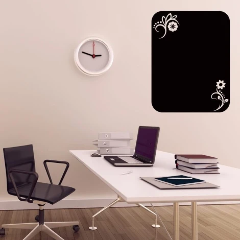 Chalk sticker 034 flowers - Office setup with light walls, a desk with a computer, and a wall clock.