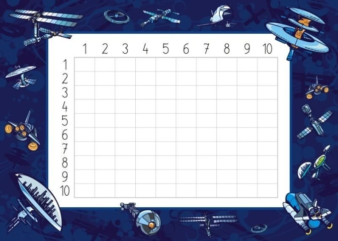 Magnetic dry-erase multiplication chart 014 - Features ship illustrations on a navy blue background.