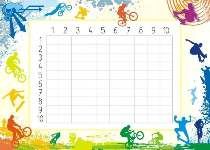 Magnetic dry-erase multiplication chart 018 with a graphic design featuring colorful athlete silhouettes.