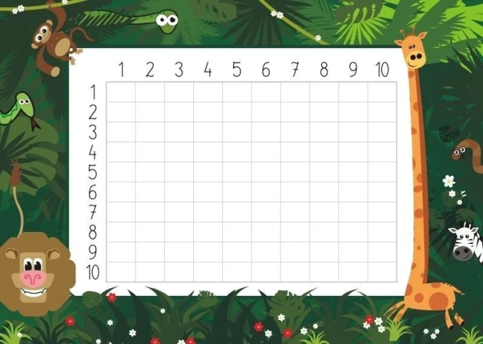Magnetic dry-erase multiplication chart 030 - Graphic design with a grid of numbers and animals on a white background.