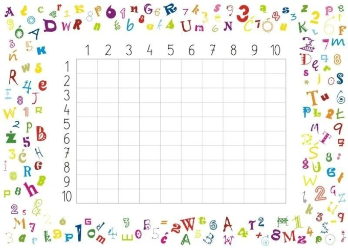 Magnetic dry-erase multiplication chart 034 - Features colorful letters and numbers on a white background.