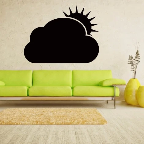 Chalk sticker 044 sun cloud - Living room setup with light walls, green sofa, and rug.