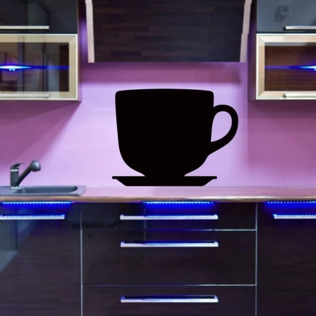 Chalk sticker 047 cup - Kitchen decor with pink walls and furniture in shades of black and wood.