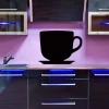 Chalk sticker 047 cup - Kitchen decor with pink walls and furniture in shades of black and wood.