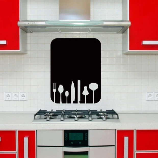 Chalk sticker 049 cutlery - Kitchen decor with red cabinets and white wall tiles.
